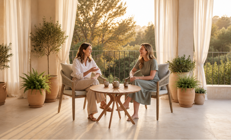 Zwei Frauen sitzen auf einer hellen Terrasse zwischen Pflanzen und unterhalten sich an einem kleinen Tisch.