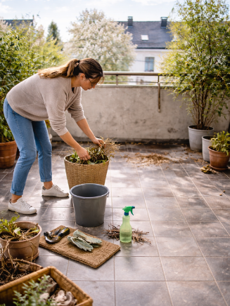 Balkon im Fr&uuml;hling beim Aufr&auml;umen und Reinigen mit Pflanzent&ouml;pfen, Gartenzubeh&ouml;r und Reinigungsutensilien