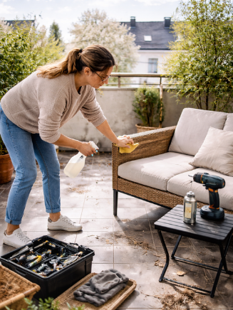 Outdoor-M&ouml;bel auf dem Balkon werden gereinigt und f&uuml;r die neue Saison vorbereitet
