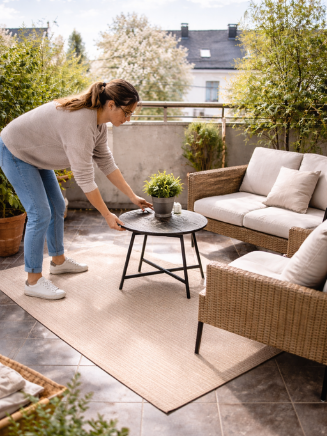 Balkon mit neu angeordneten Loungem&ouml;beln und Outdoor-Teppich f&uuml;r mehr Gem&uuml;tlichkeit