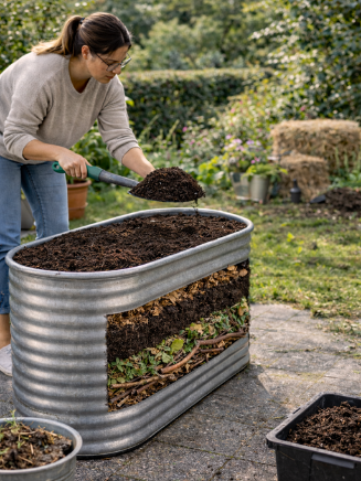 Hochbeet schichtweise bef&uuml;llen mit Gartenabf&auml;llen, Kompost und Pflanzerde