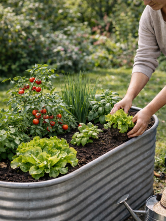 Hochbeet bepflanzen mit Salat, Kr&auml;utern und Tomaten im Garten
