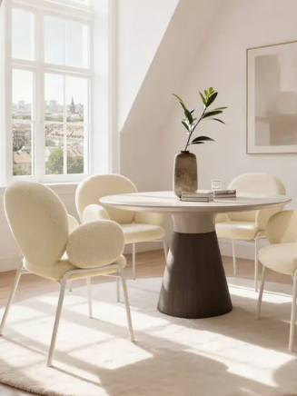 Runder Esstisch mit dunklem Mittelfu&szlig; und cremefarbenen Esszimmerst&uuml;hlen im lichtdurchfluteten Raum