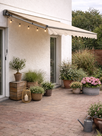 Terrasse am Haus mit beiger Markise, Lichterkette und vielen Topfpflanzen auf Steinpflaster