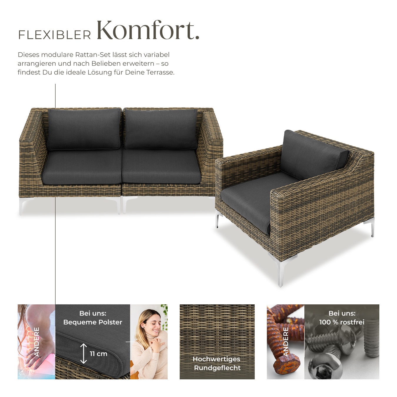 Modulares Rattanset Villanova Aluminium Set 1 2-Sitzer