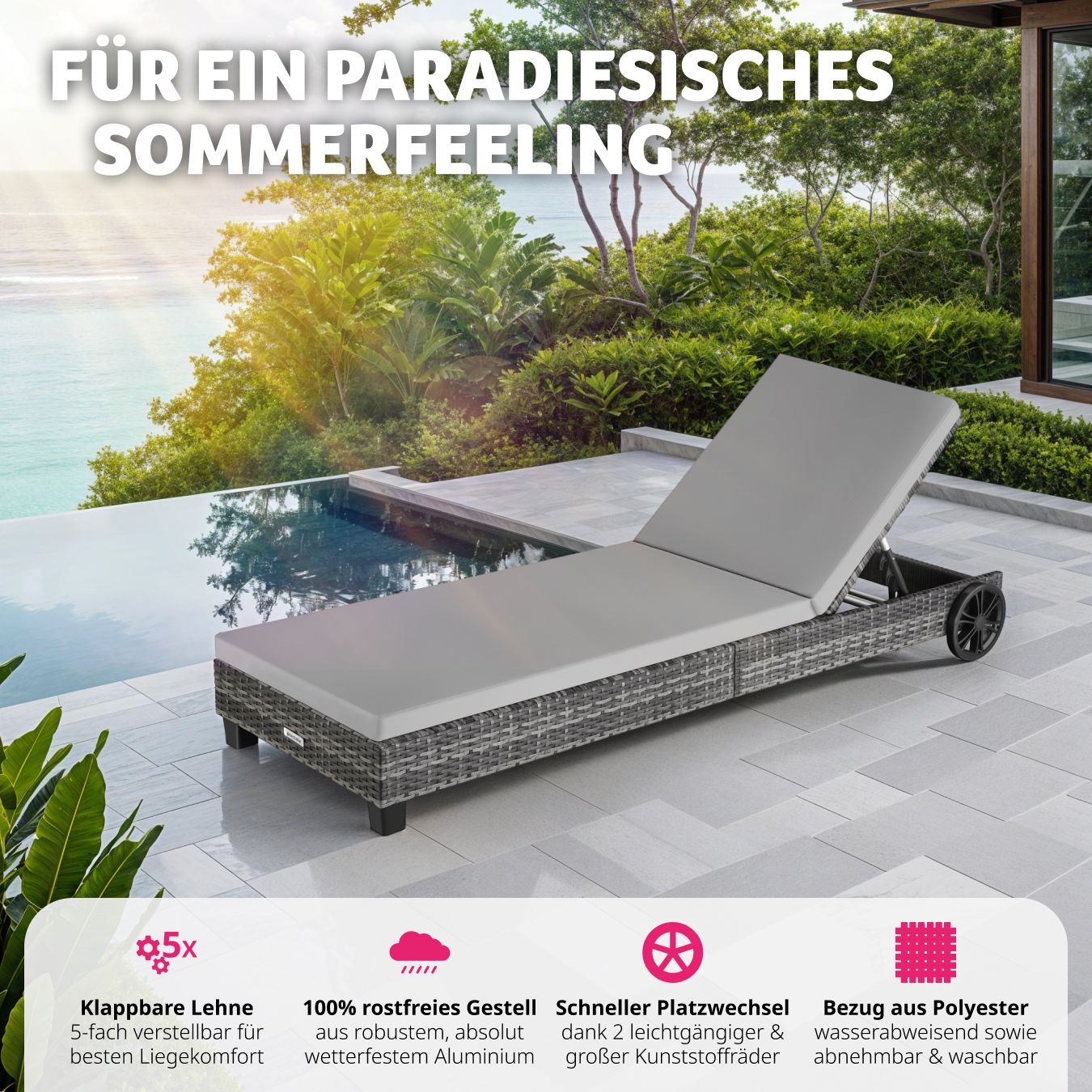 Rattan Sonnenliege Ancona, 5-fach verstellbar