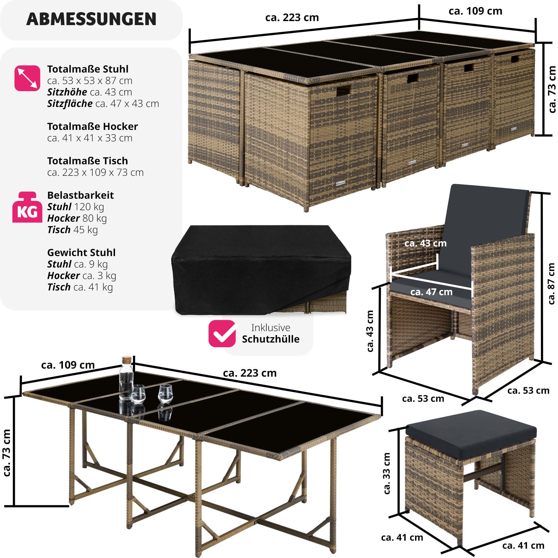 Rattan Sitzgruppe Palma 8+4+1 mit Schutzhülle