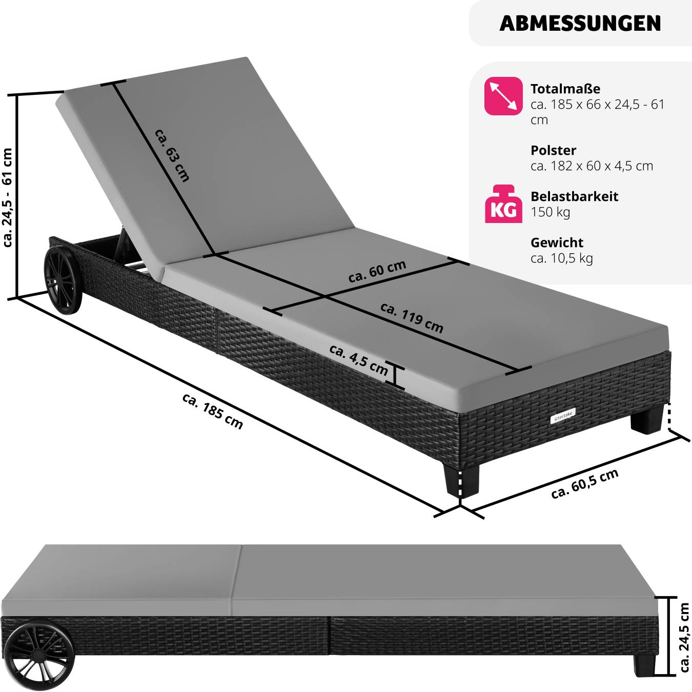 Rattan Sonnenliege Ancona, 5-fach verstellbar
