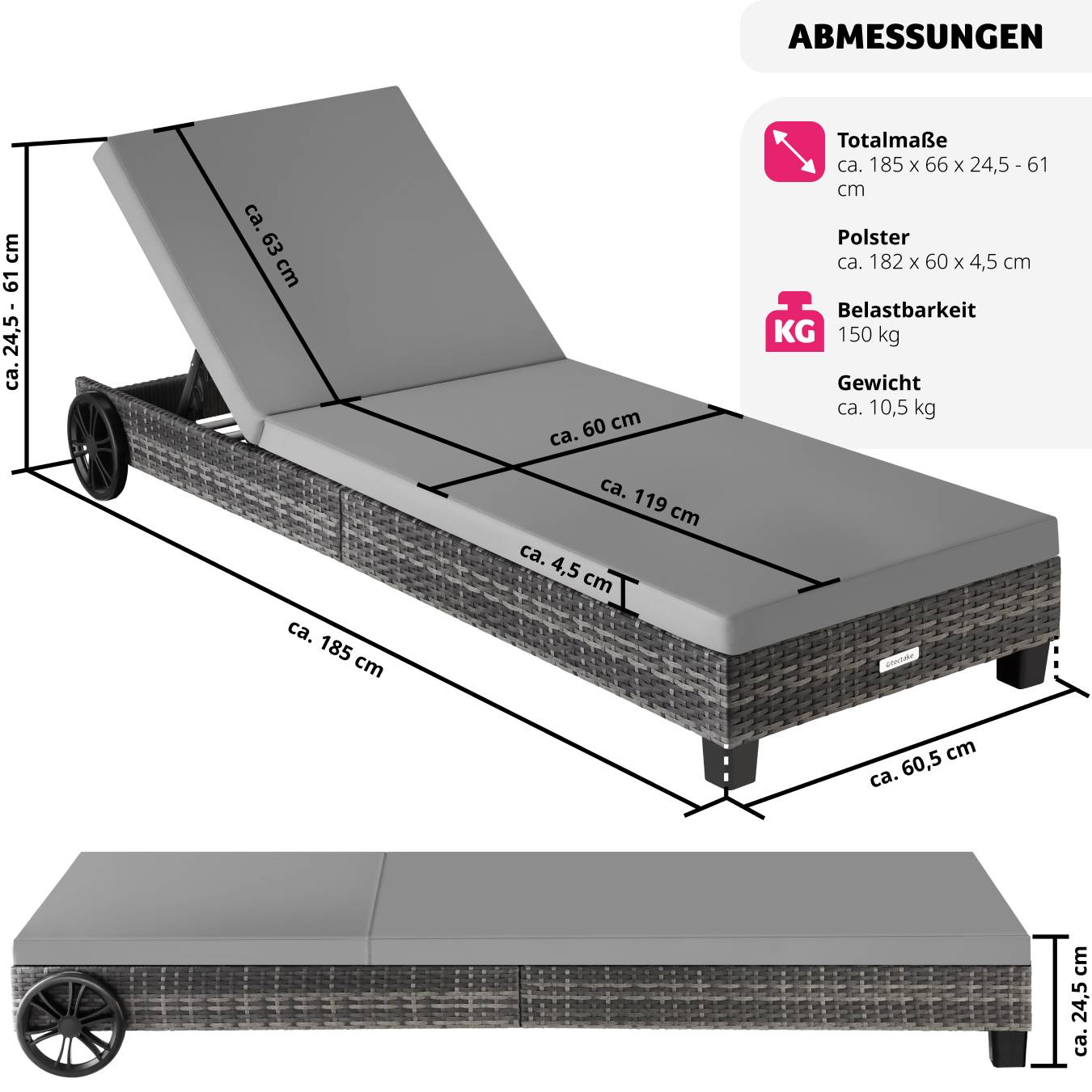 Rattan Sonnenliege Ancona, 5-fach verstellbar