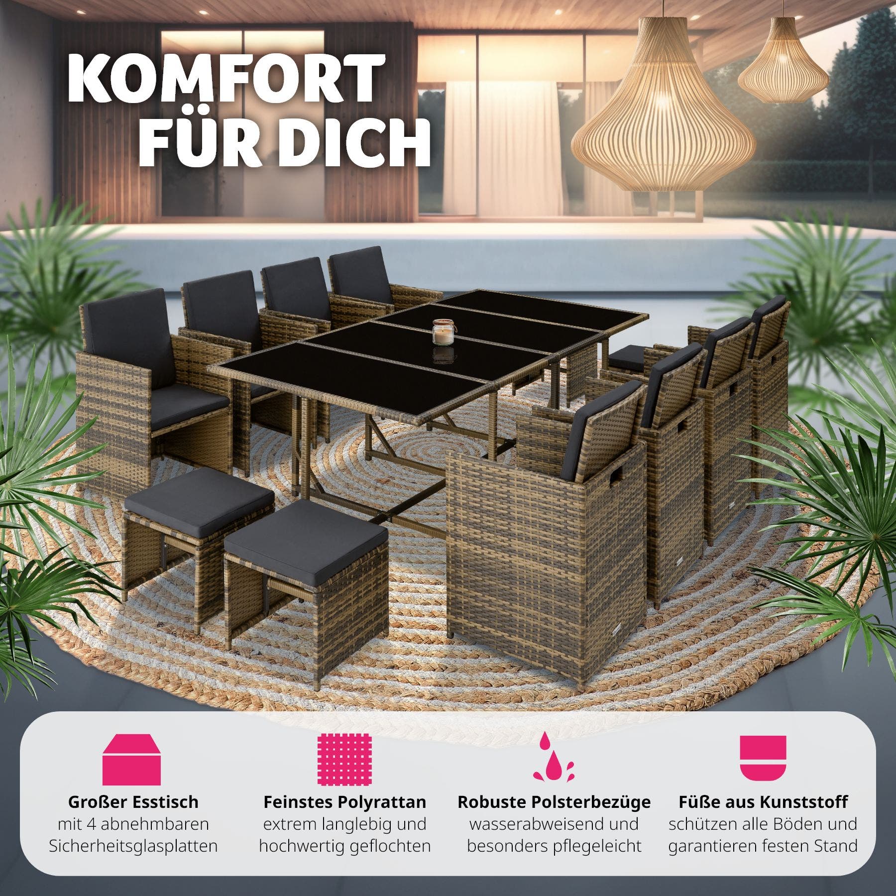 Rattan Sitzgruppe Palma 8+4+1 mit Schutzhülle