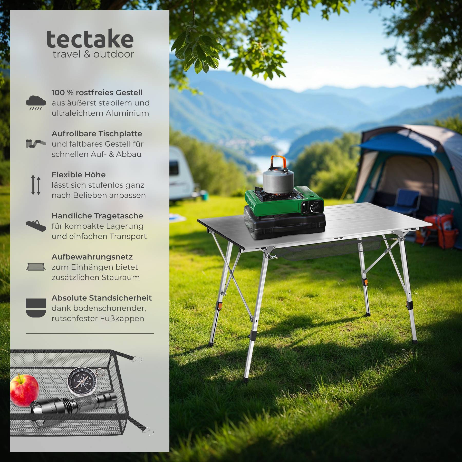RSonic Campingtisch Klappbar Aluminium - 70x50 Cm, Tragbar & Leicht In  Grn, Perfekt Fr Outdoor Campingtisch 120x60
