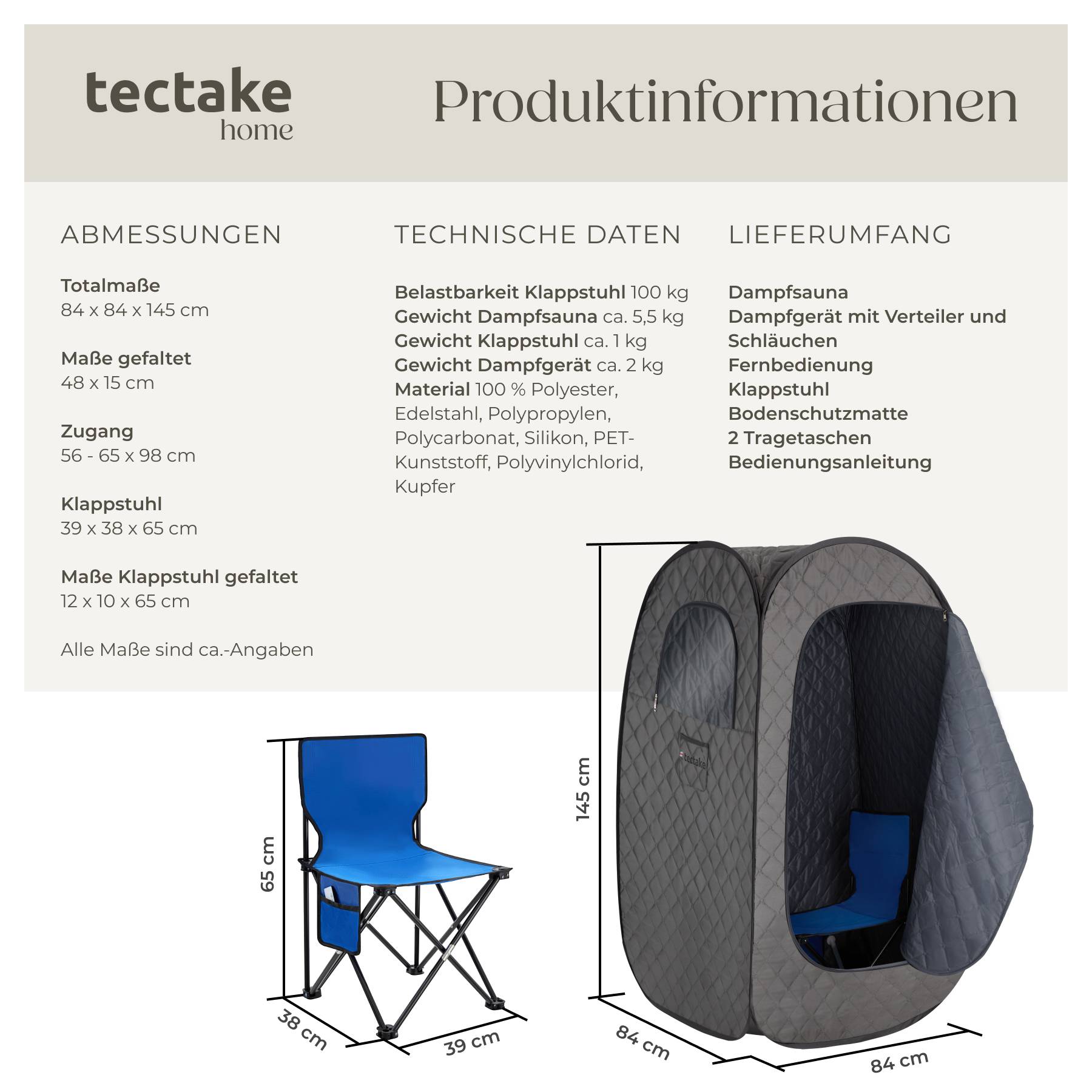 TopMaster Tragbare Sauna – Mit 1000 W Generator, Klappstuhl, Vollgröße