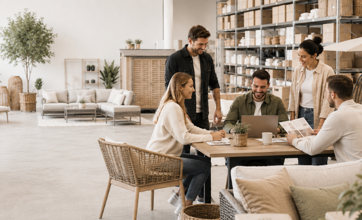 Team bespricht gemeinsam Unterlagen an einem Tisch.