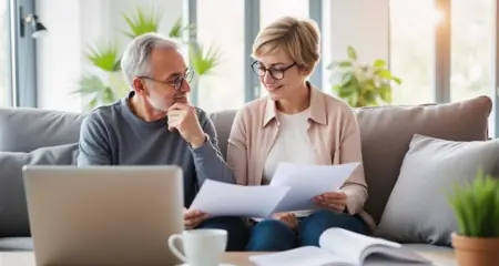 Zwei Erwachsene auf dem Sofa mit Papieren und Laptop &ndash; stehen f&uuml;r Planung, Beratung oder Vereinbarkeit von Beruf & Privatleben