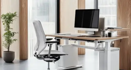 Moderner h&ouml;henverstellbarer Schreibtisch mit ergonomischem Stuhl und gro&szlig;em Bildschirm &ndash; steht f&uuml;r modernes Arbeitsumfeld