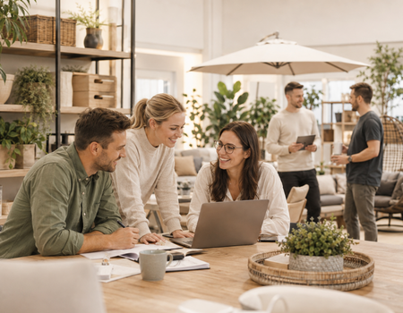 Team arbeitet gemeinsam an einem Tisch