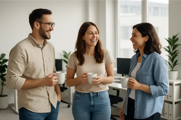 Drei junge Erwachsene im B&uuml;ro beim lockeren Gespr&auml;ch mit Kaffeetassen &ndash; symbolisiert Teamgeist und eine freundliche Arbeitsatmosph&auml;re