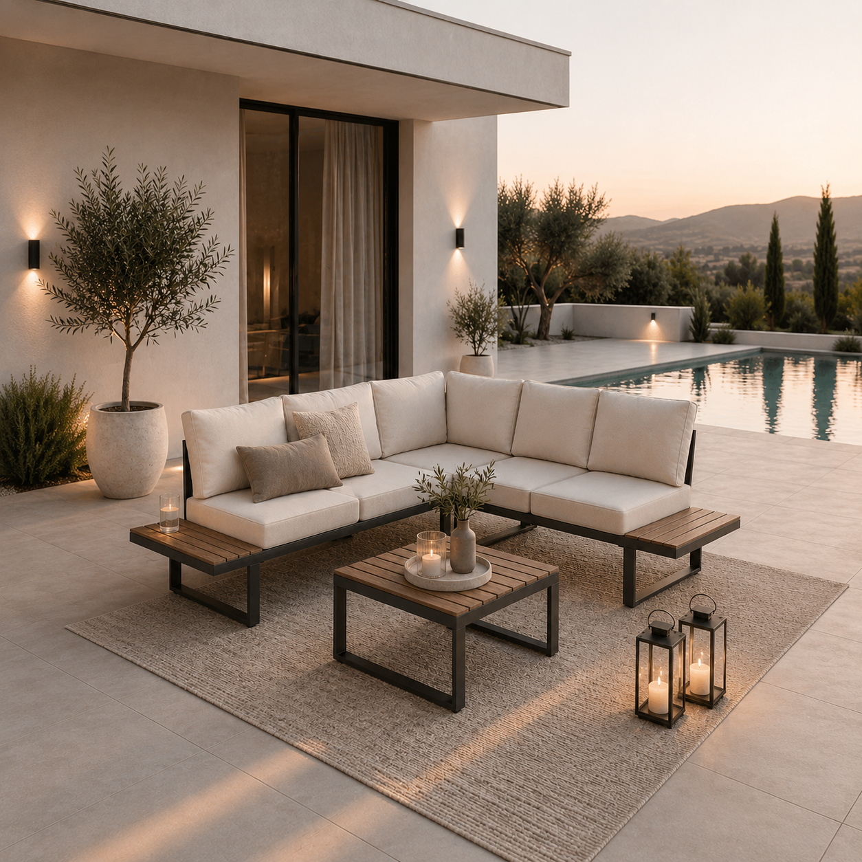 Moderne Outdoor-Lounge mit hellen Polstern auf einer Terrasse am Pool