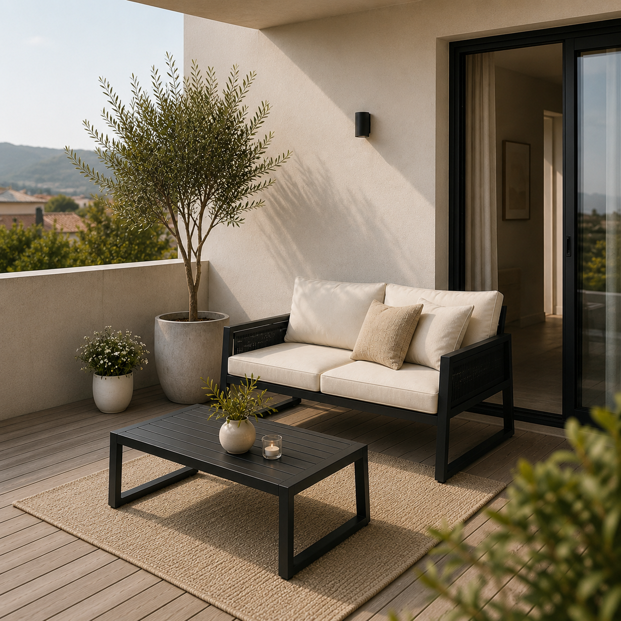 Gem&uuml;tliche Balkon-Sitzecke mit Sofa, Tisch und Pflanzen