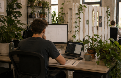 Moderner Arbeitsplatz mit Laptop, Deko und Zimmerpflanzen &ndash; tectake schafft gr&uuml;ne Arbeitswelten