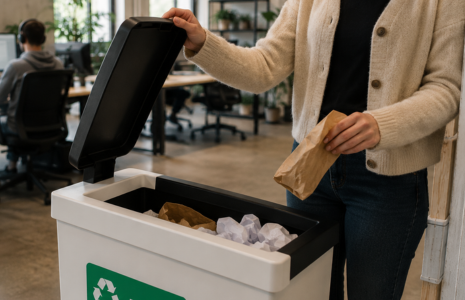 Person entsorgt Papier im B&uuml;ro-M&uuml;lleimer &ndash; tectake setzt auf umweltbewusste B&uuml;roorganisation
