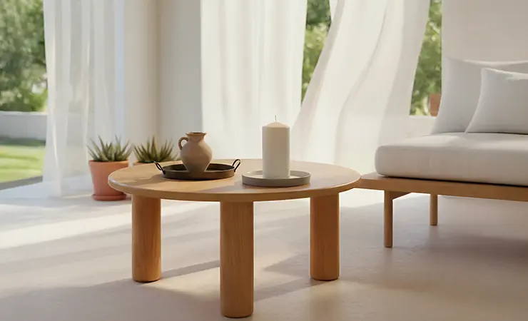 Heller Wohnbereich mit Holztisch, Kerze, Keramik und Pflanzen &ndash; nat&uuml;rliche Materialien im Fokus.