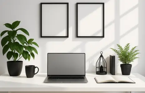 Moderner Arbeitsplatz mit Laptop, Deko und Zimmerpflanzen &ndash; tectake schafft gr&uuml;ne Arbeitswelten