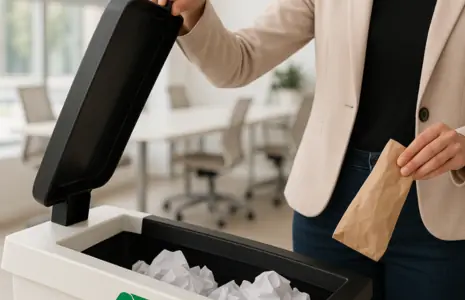 Person entsorgt Papier im B&uuml;ro-M&uuml;lleimer &ndash; tectake setzt auf umweltbewusste B&uuml;roorganisation