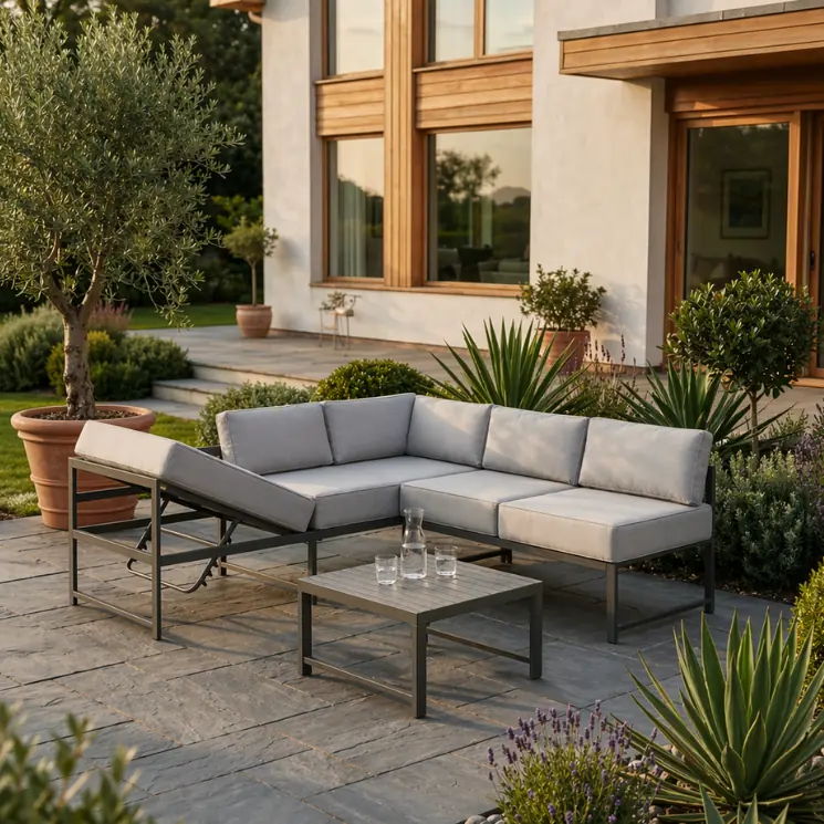 Moderne graue Lounge-Ecke mit Couchtisch auf einer Steinterrasse vor einem Wohnhaus.