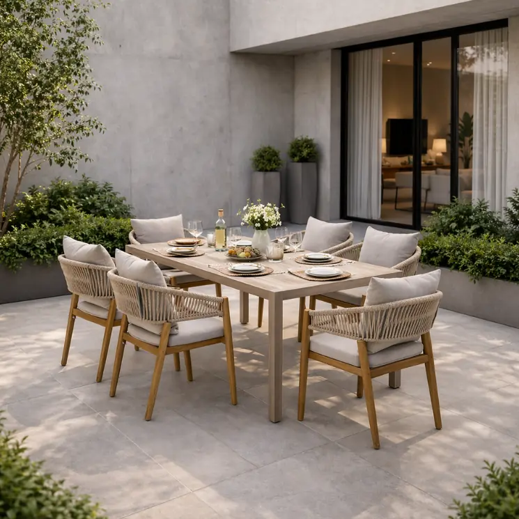 Holztisch mit sechs Seil-Geflecht-Stühlen auf einer hellen, modernen Terrasse.