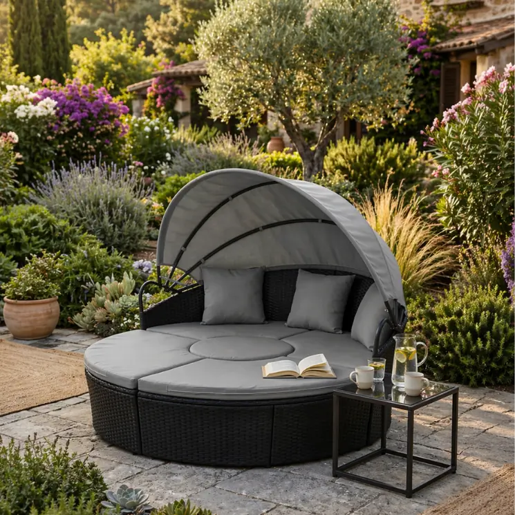 Runde, dunkle Sonneninsel mit grauem Verdeck in einem blühenden Garten.