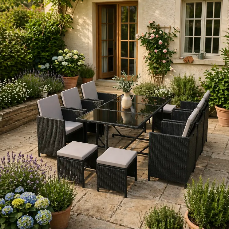 Schwarze Polyrattan-Essgruppe mit Glasplatte und Hockern im idyllischen Garten.