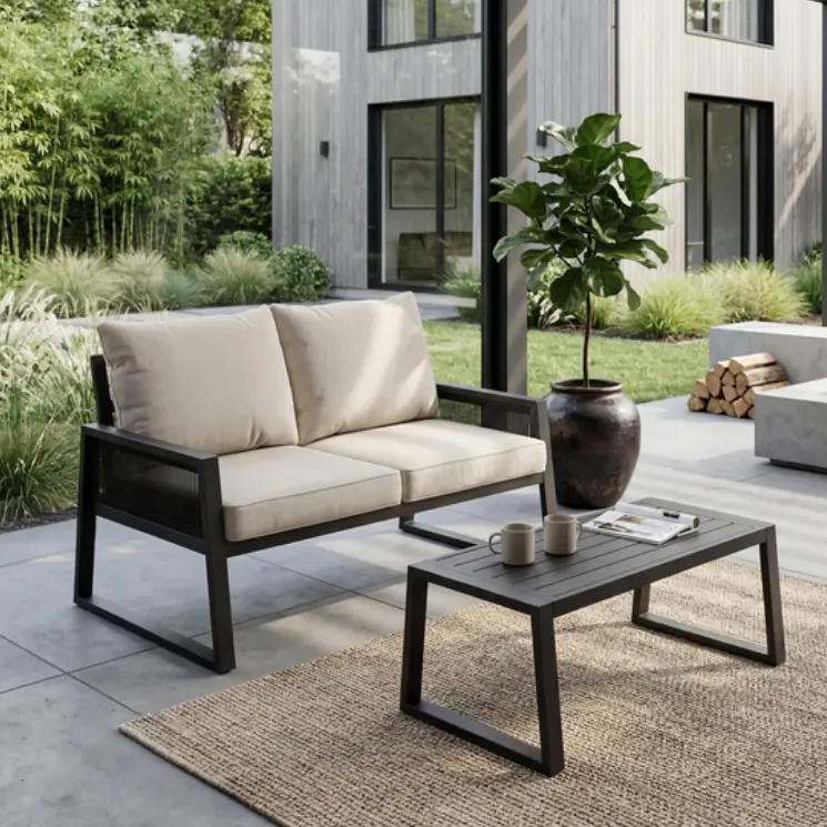Minimalistisches schwarzes Outdoor-Sofa und Beistelltisch auf einem Naturteppich.