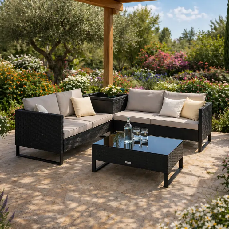 Eck-Lounge aus schwarzem Geflecht mit hellen Kissen und passendem Couchtisch.