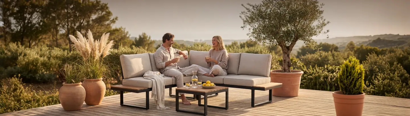 Buitenopname met de tekst „Je lente begint buiten.“ en de link „Nu inrichten“.