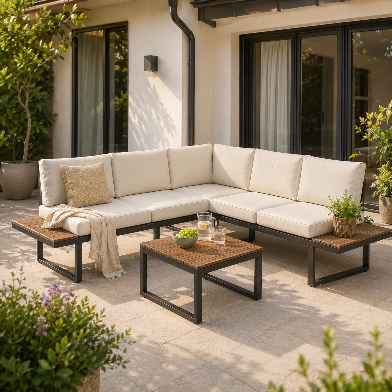 Helle Gartenlounge mit Couchtisch auf sonniger Terrasse