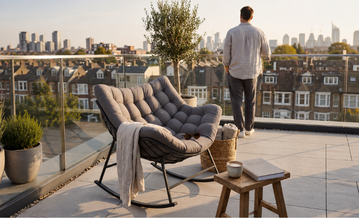 Komfort über den Dächern der Stadt Gepolsterter Outdoor-Sessel auf einer Dachterrasse mit Blick über die Stadt