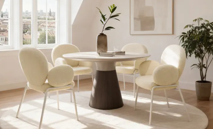 Runder Esstisch mit dunklem Mittelfu&szlig; und vier cremefarbenen Polsterst&uuml;hlen in einem hellen Esszimmer