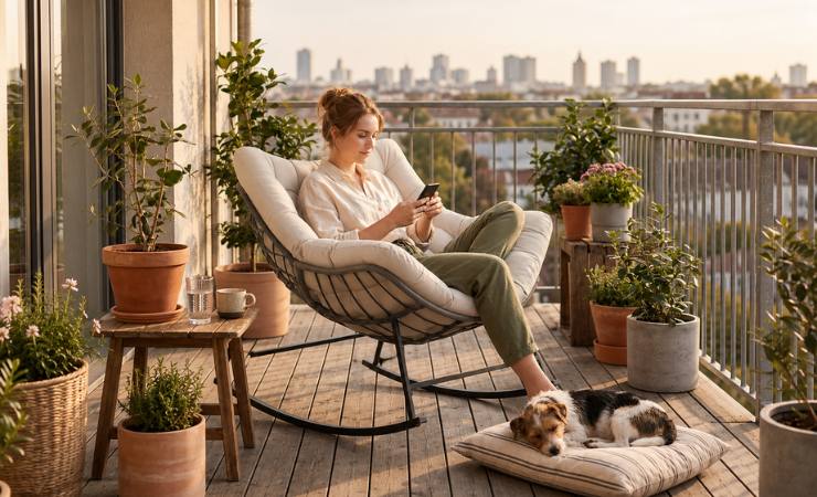Entspannter Moment auf dem Balkon mit Smartphone Frau sitzt entspannt mit Smartphone auf einem bepflanzten Balkon