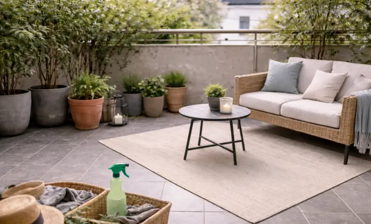 Moderne Gartenlounge mit hellen Polstern, schwarzem Metallrahmen und gro&szlig;em Holztisch auf einer Terrasse