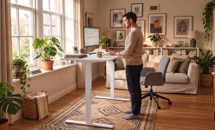 Mann arbeitet im Homeoffice an einem h&ouml;henverstellbaren Schreibtisch im Wohnraum