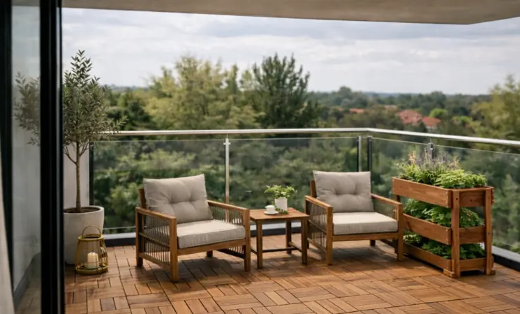 Kompakte Balkonm&ouml;bel mit Sesseln und Tisch auf einem kleinen Balkon mit Aussicht
