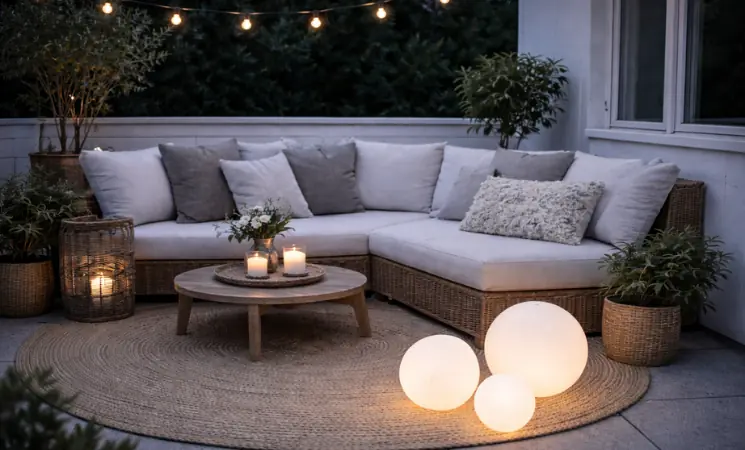 Gem&uuml;tliche Outdoor-Lounge mit stimmungsvoller Beleuchtung, Kissen und Teppich am Abend