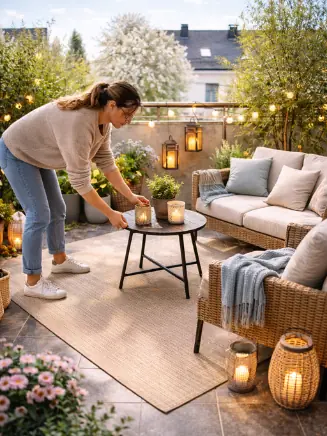 Gem&uuml;tlich dekorierter Balkon mit Pflanzen, Laternen und stimmungsvoller Outdoor-Beleuchtung