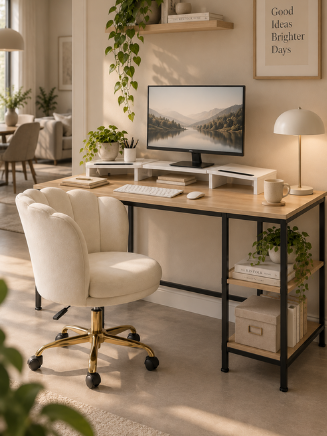 Homeoffice stilvoll in den Wohnraum integrieren Helle Homeoffice-Ecke mit Schreibtisch, Monitor und cremefarbenem Bürostuhl