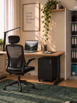 Ergonomischer Arbeitsplatz für das Homeoffice Gemütliches Homeoffice mit höhenverstellbarem Tisch und schwarzem Bürostuhl
