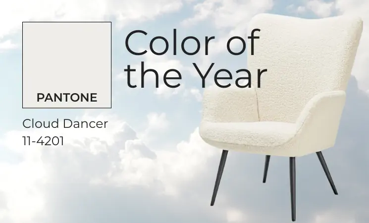 Moderner Stuhl in der Pantone Trendfarbe Cloud Dancer 2026 vor hellem Hintergrund