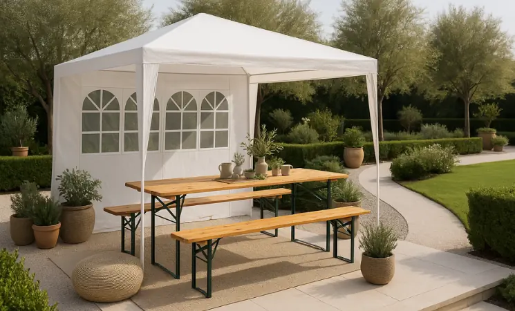 Wei&szlig;er Faltpavillon im Garten mit Bierzeltgarnitur und Deko auf der Terrasse.