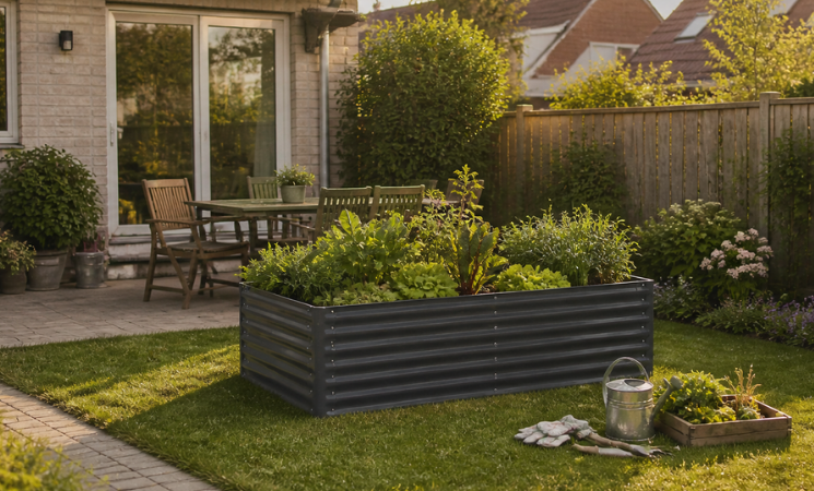 Hochbeet im Garten mit Pflanzen und Essplatz auf der Terrasse