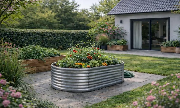 Hochbeet im Garten mit Gem&uuml;se und Kr&auml;utern als modernes Selbstversorger-Setup